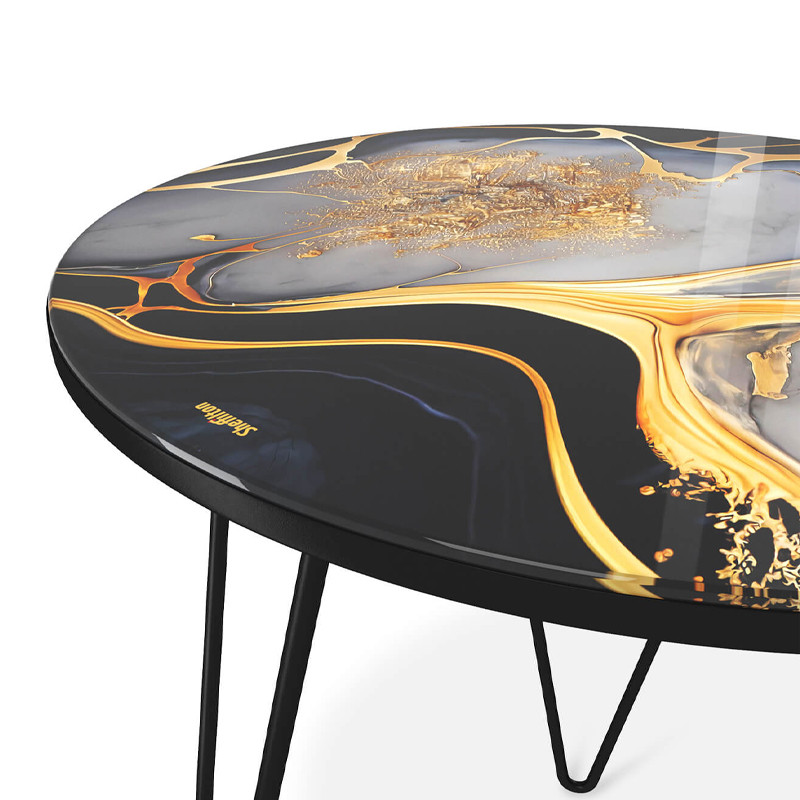 Стол журнальный с круглой столешницей из стекла Gold and Black Marble