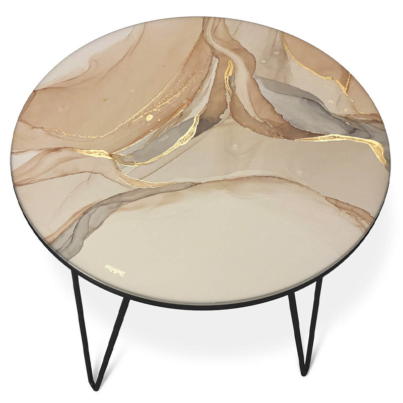 Стол журнальный с круглой столешницей из стекла на 3-х черных ножках Beige Marble