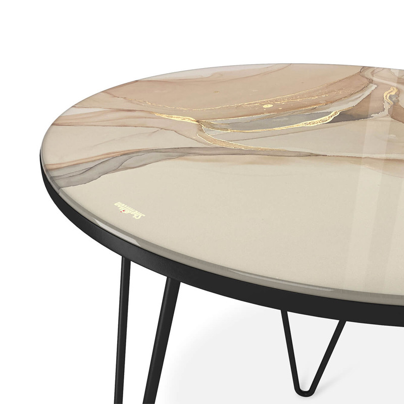 Стол журнальный с круглой столешницей из стекла на 3-х черных ножках Beige Marble