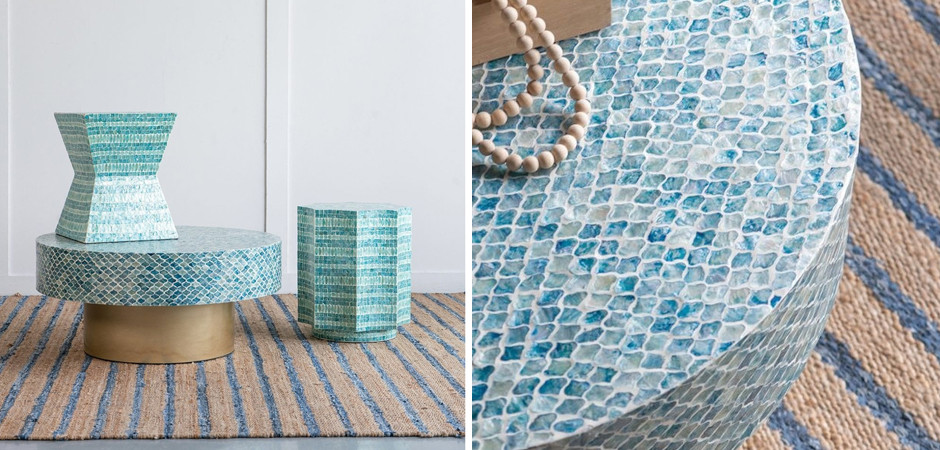 Стол Кофейный Bone Inlay Blue с мозаичным рисунком из раковин устриц