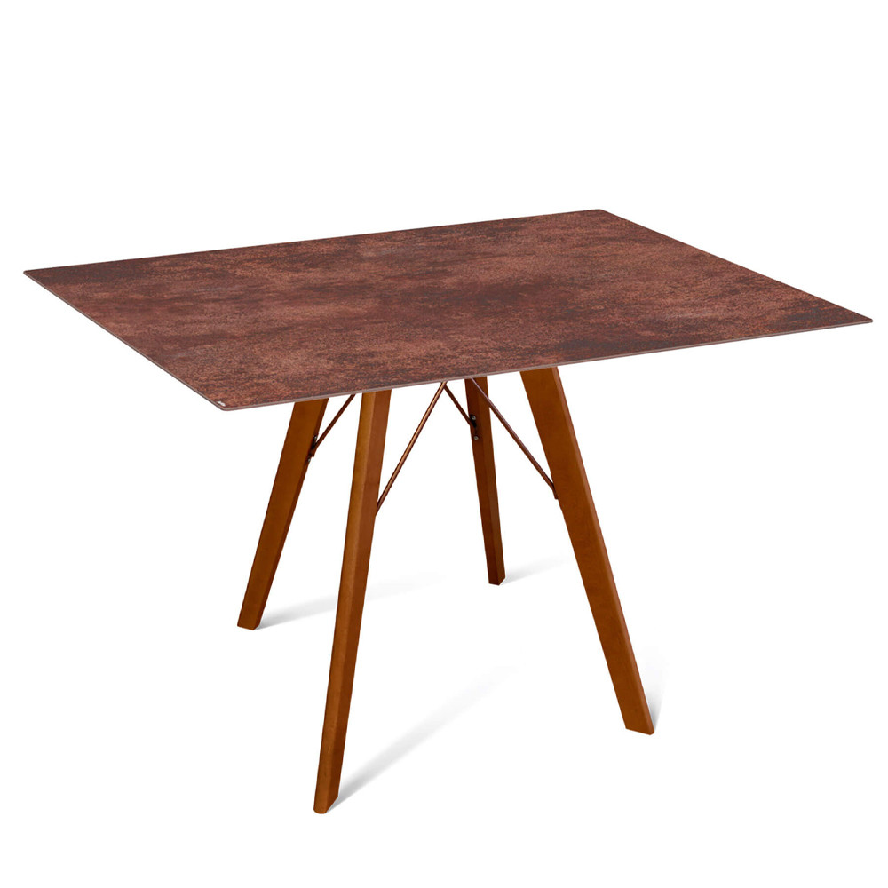 Стол обеденный с коричневой прямоугольной столешницей из керамики на четырех деревянных ножках Brown Ceramics