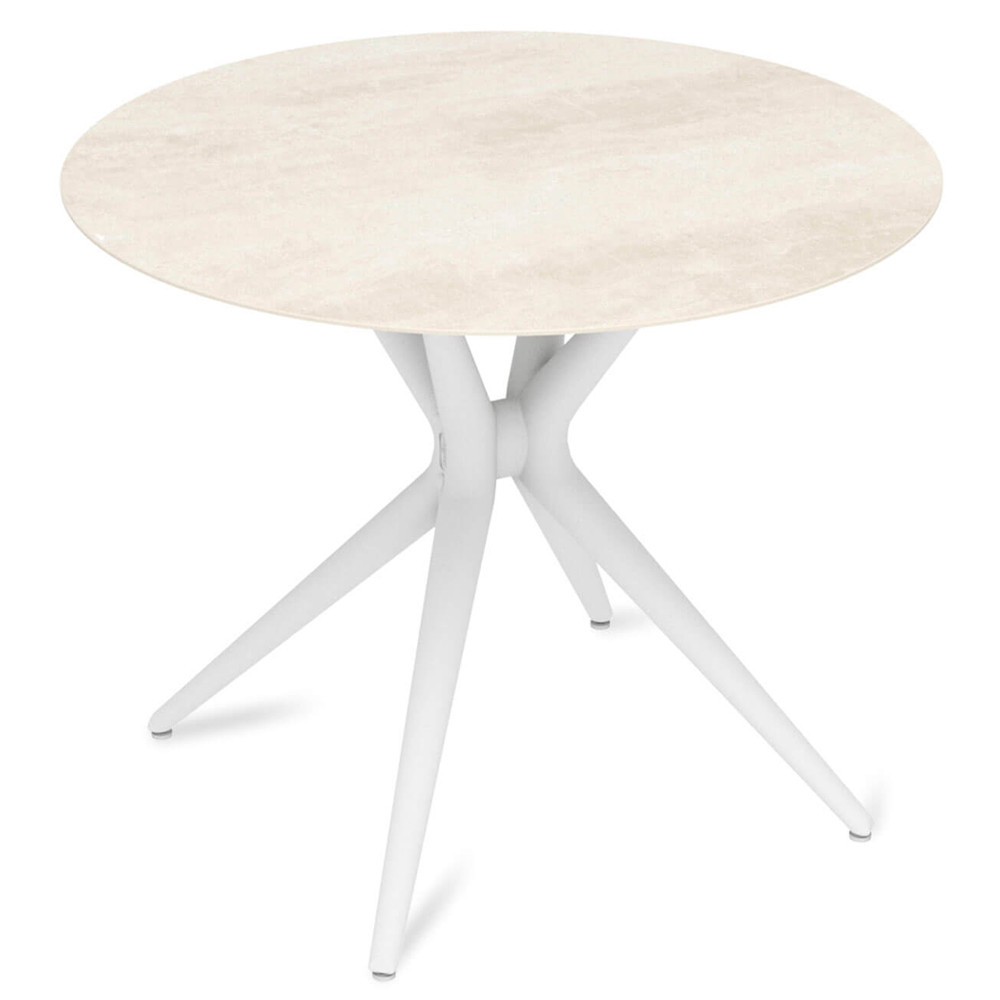 Стол обеденный с круглой столешницей из керамики на четырех белых ножках Sand Ceramics