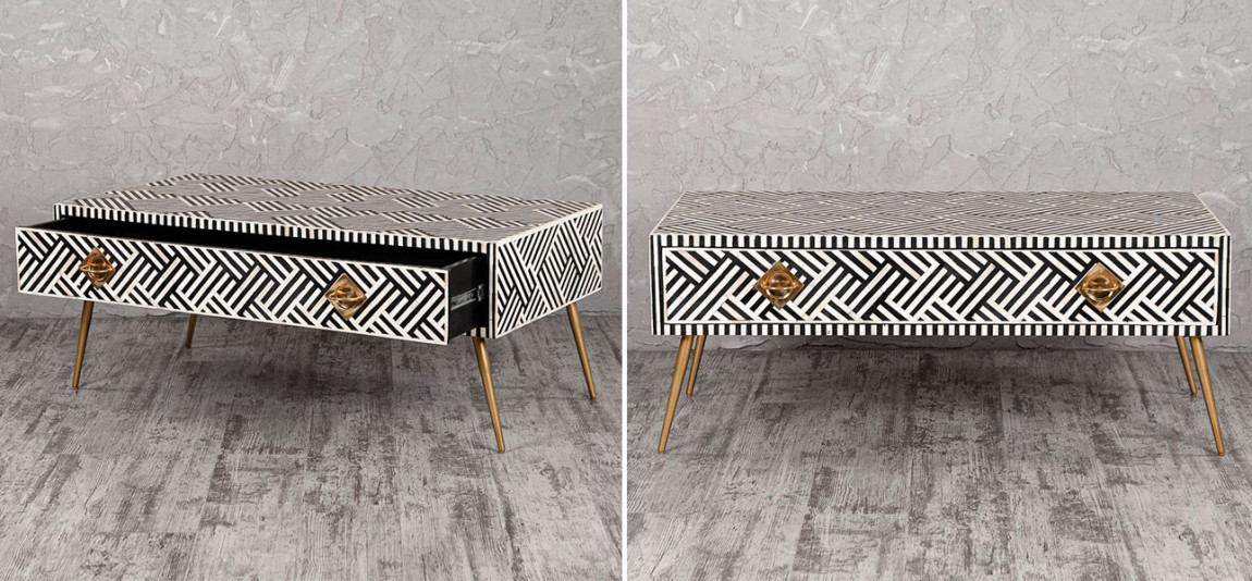 Столик на ножках с инкрустацией черно-белый Ester