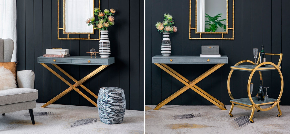 Столик с кожаной столешницей серый цвет Joan