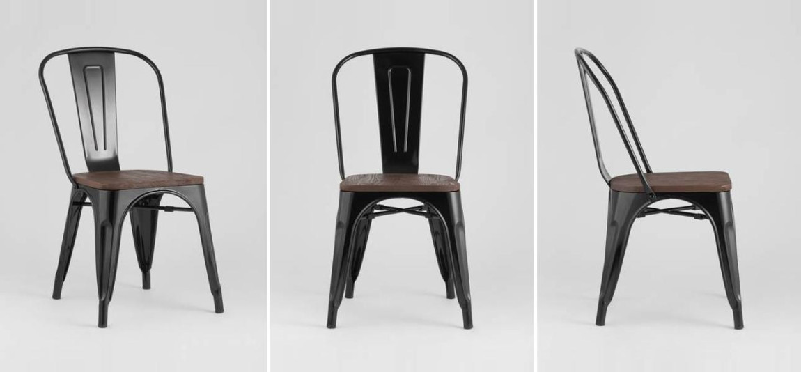 Стул Tolix Глянцевый Черный Металл Деревянное Сидение