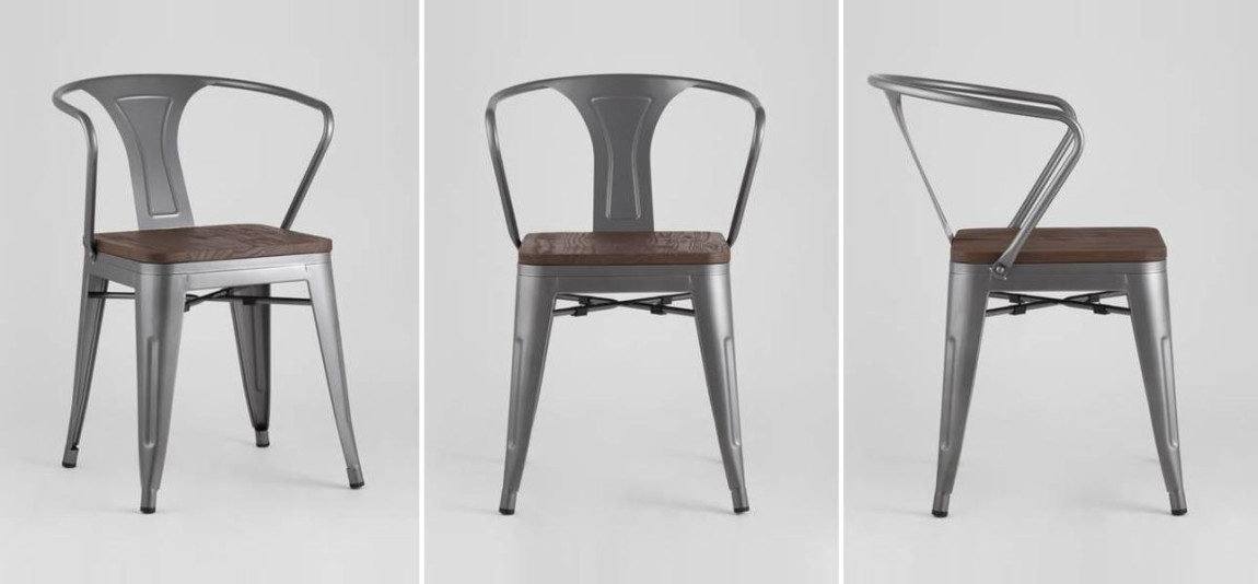 Стул Tolix с подлокотниками Серебристый Металлик Деревянное Сидение