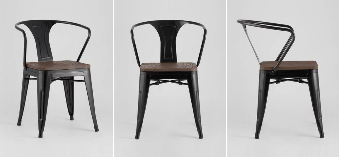 Стул Tolix с подлокотниками Черный Глянцевый Металл Деревянное Сидение