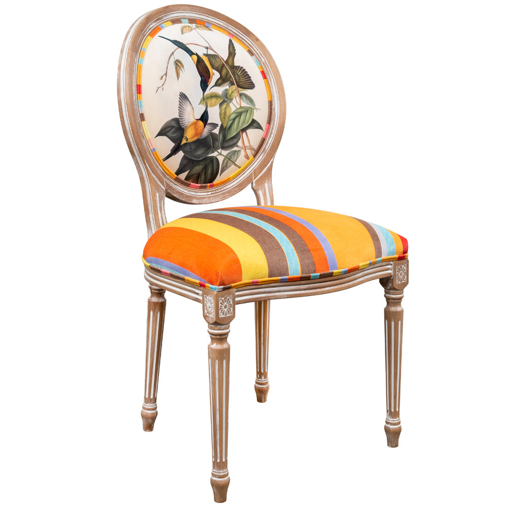 Стул бежевый в разноцветную полоску из натурального бука с изображением птиц и цветов Blooming Birds Colorful Stripes Chair