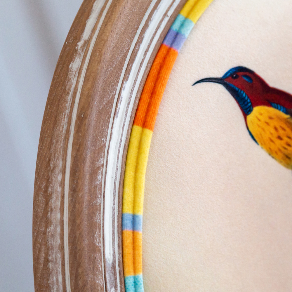 Стул бежевый в разноцветную полоску из натурального бука с изображением птиц и цветов Blooming Birds Colorful Stripes Chair