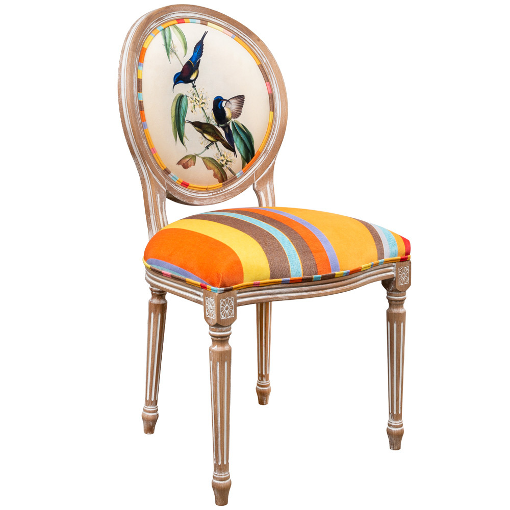 Стул бежевый в разноцветную полоску из натурального бука с изображением птиц и цветов Blooming Blue Birds Colorful Stripes Chair