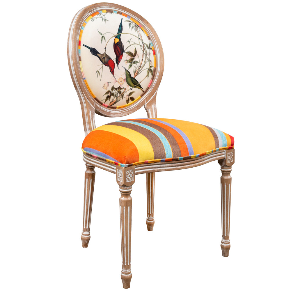 Стул бежевый в разноцветную полоску из натурального бука с изображением птиц и цветов Blooming Red Birds Colorful Stripes Chair