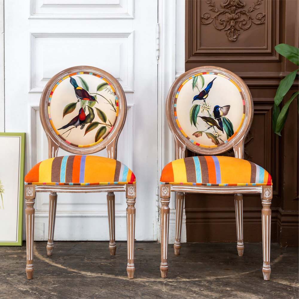 Стул бежевый в разноцветную полоску из натурального бука с изображением птиц и цветов Blooming Red Birds Colorful Stripes Chair