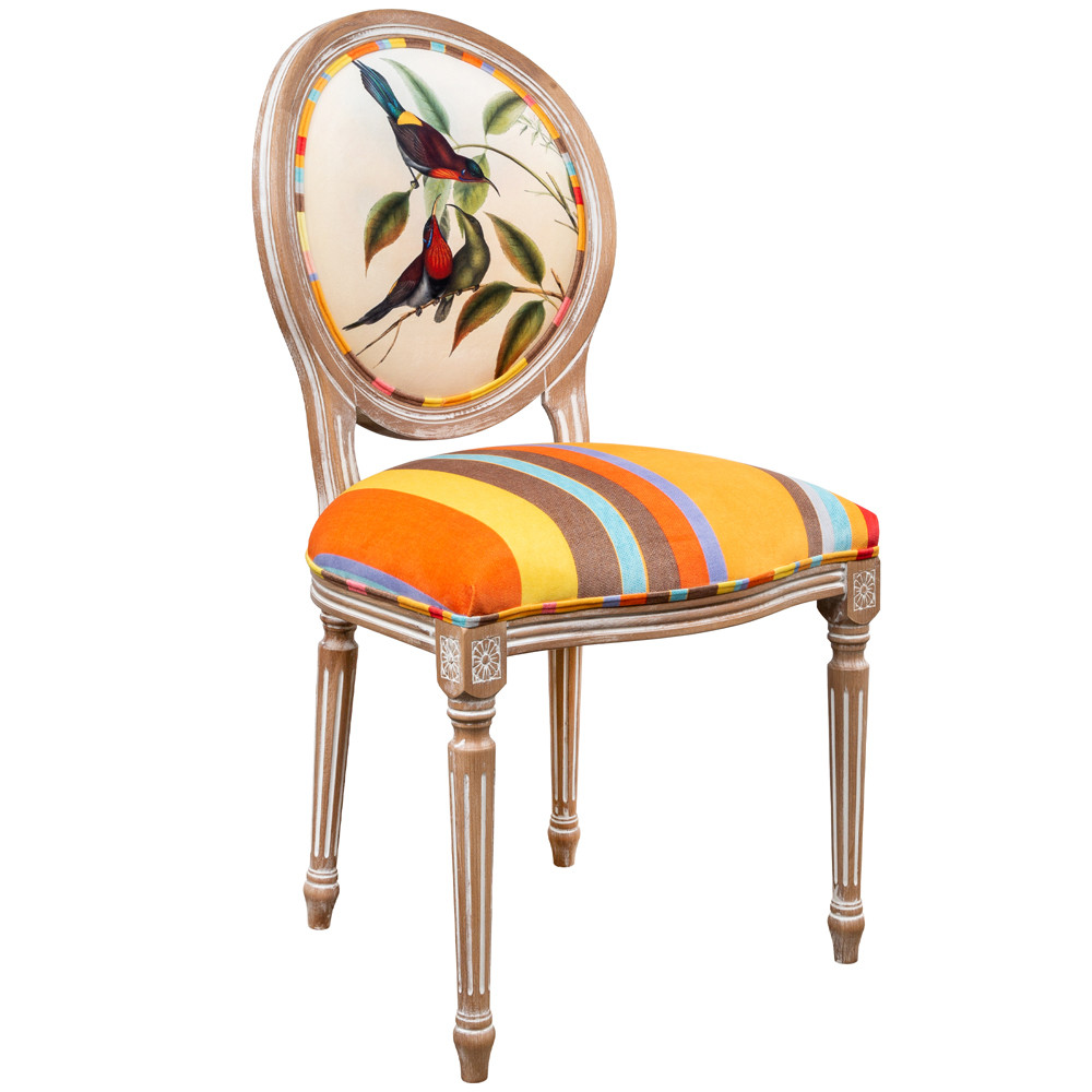 Стул бежевый в разноцветную полоску из натурального бука с изображением птиц и цветов Blooming Red Blue Birds Colorful Stripes Chair