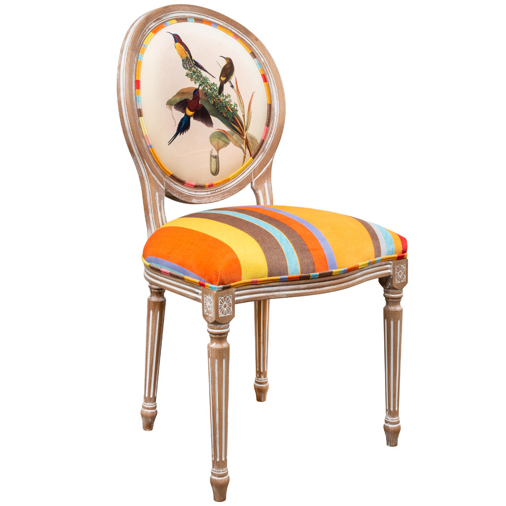 Стул бежевый в разноцветную полоску из натурального бука с изображением птиц и цветов Blooming Yellow Birds Colorful Stripes Chair
