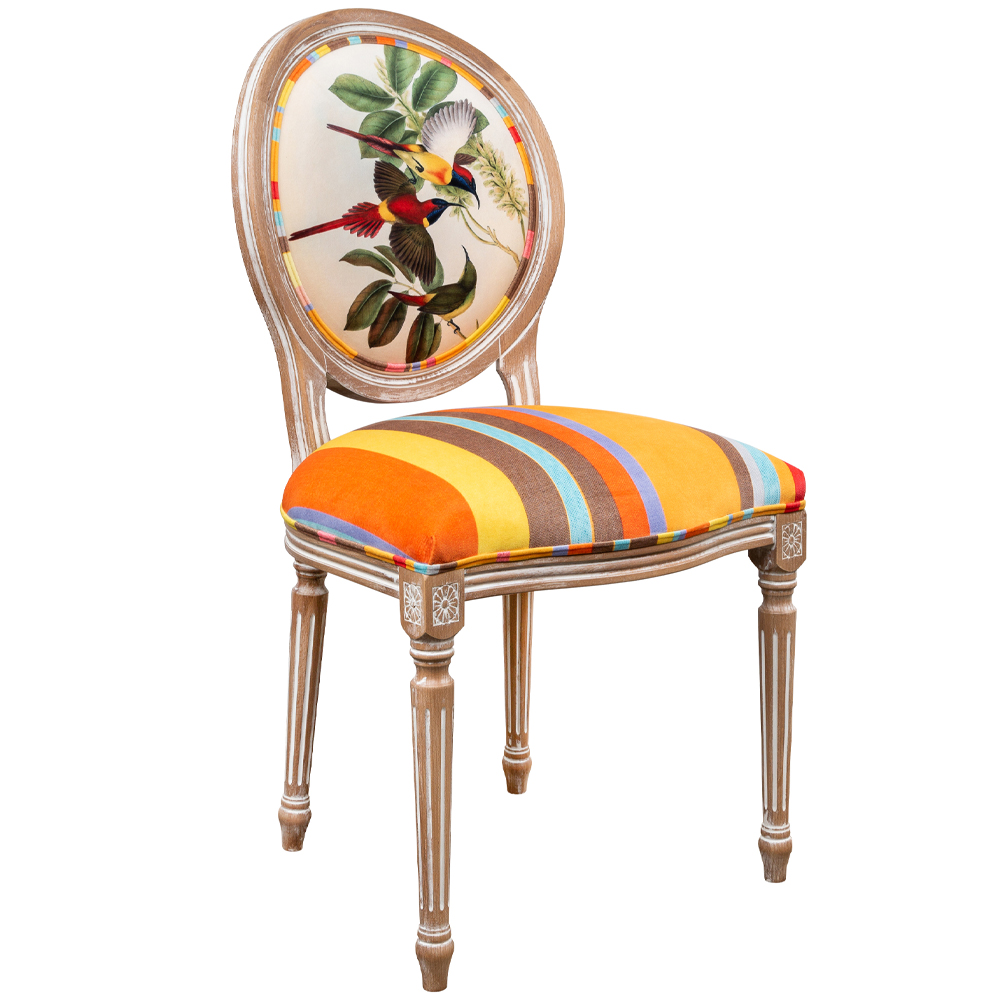 Стул бежевый в разноцветную полоску из натурального бука с изображением птиц и цветов Blooming Yellow Red Birds Colorful Stripes Chair