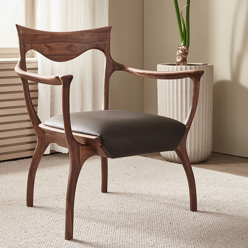 Стул деревянный с мягким сиденьем из коричневой натуральной кожи Moon Walnut Furniture