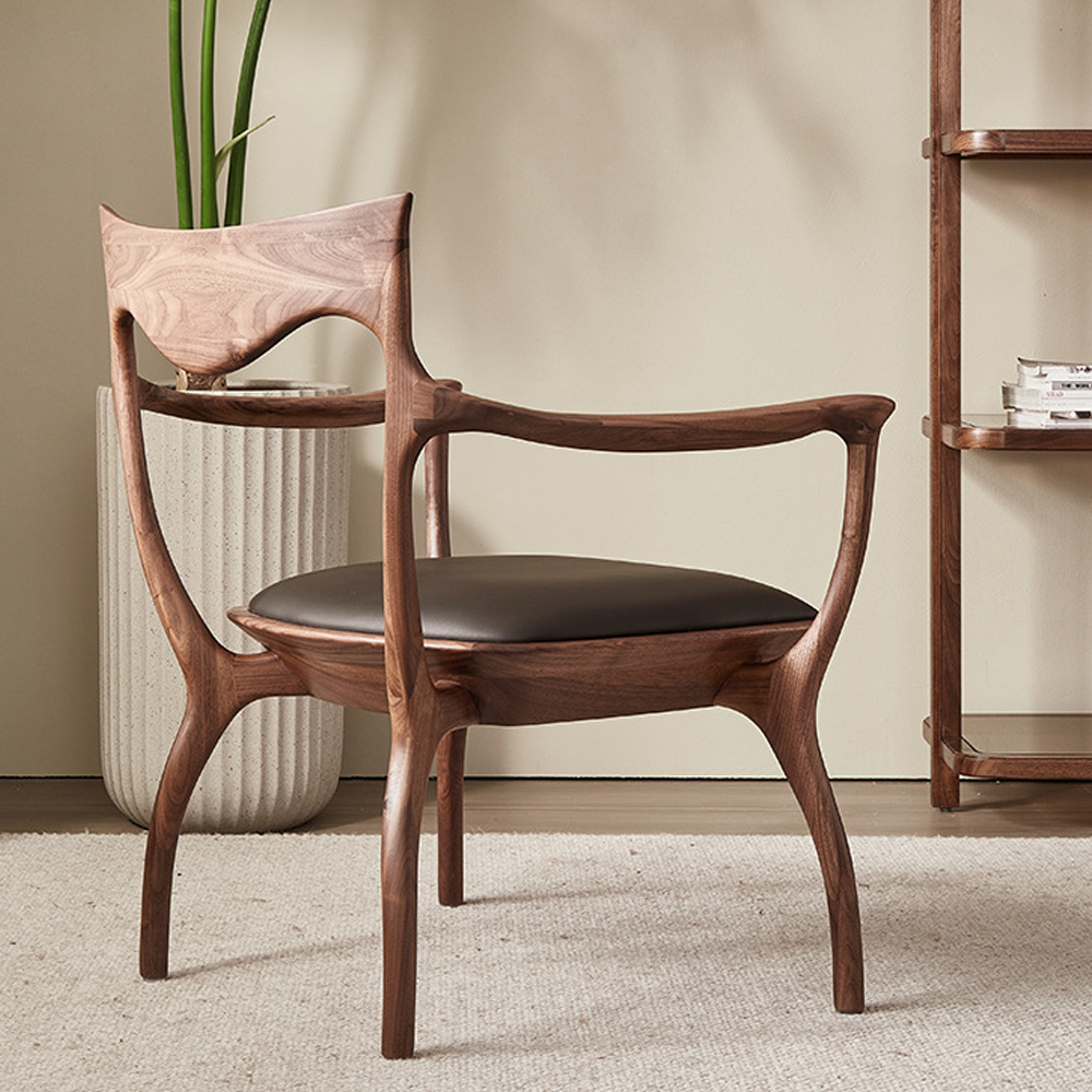 Стул деревянный с мягким сиденьем из коричневой натуральной кожи Moon Walnut Furniture