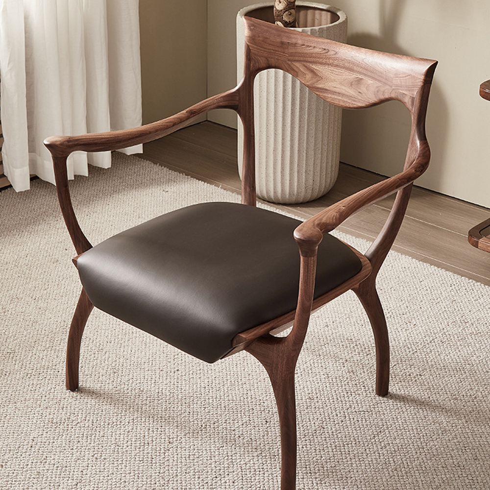 Стул деревянный с мягким сиденьем из коричневой натуральной кожи Moon Walnut Furniture