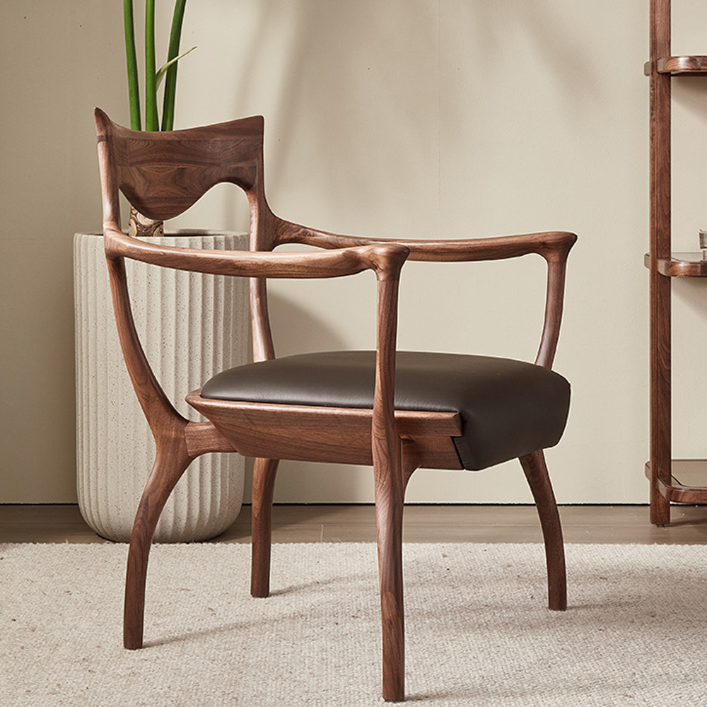 Стул деревянный с мягким сиденьем из коричневой натуральной кожи Moon Walnut Furniture