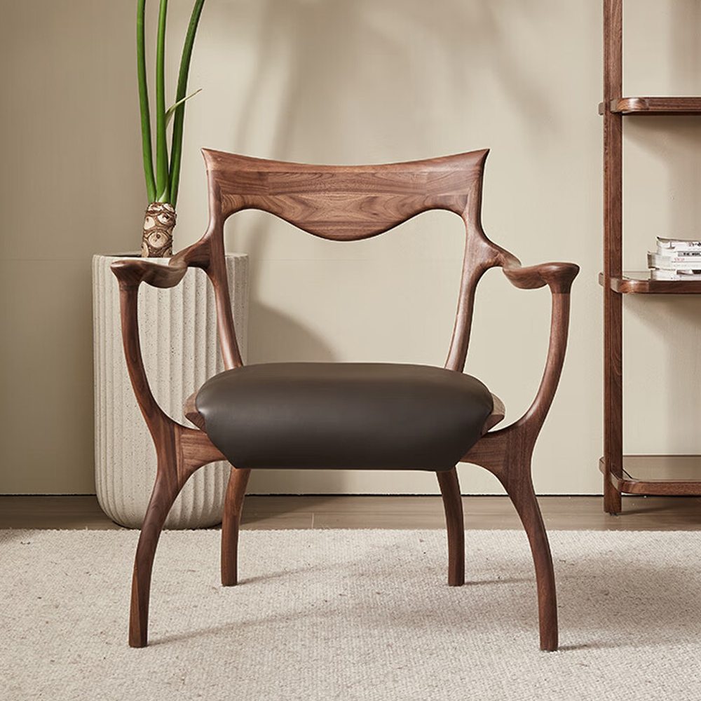 Стул деревянный с мягким сиденьем из коричневой натуральной кожи Moon Walnut Furniture