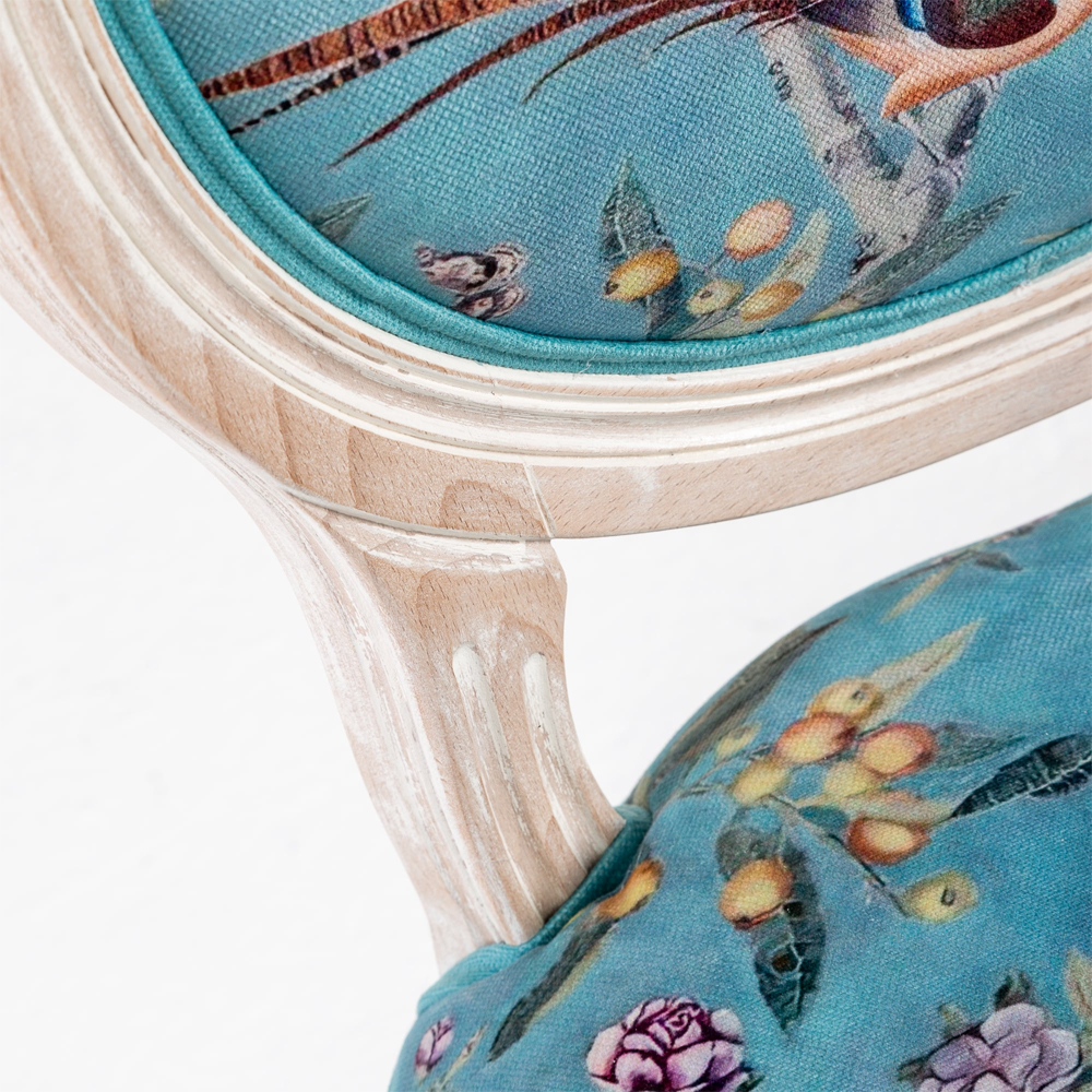 Стул из массива бука бирюзовый с изображением птиц и цветов Turquoise Beige Chinoiserie Birds Garden Chair