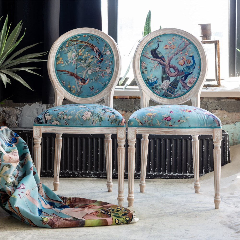 Стул из массива бука бирюзовый с изображением птиц и цветов Turquoise Beige Chinoiserie Birds Garden Chair