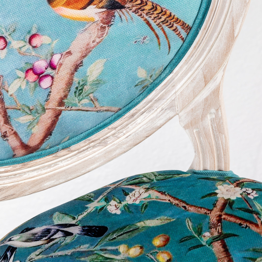 Стул из массива бука бирюзовый с изображением птиц и цветов Turquoise Beige Chinoiserie Peach Garden Chair