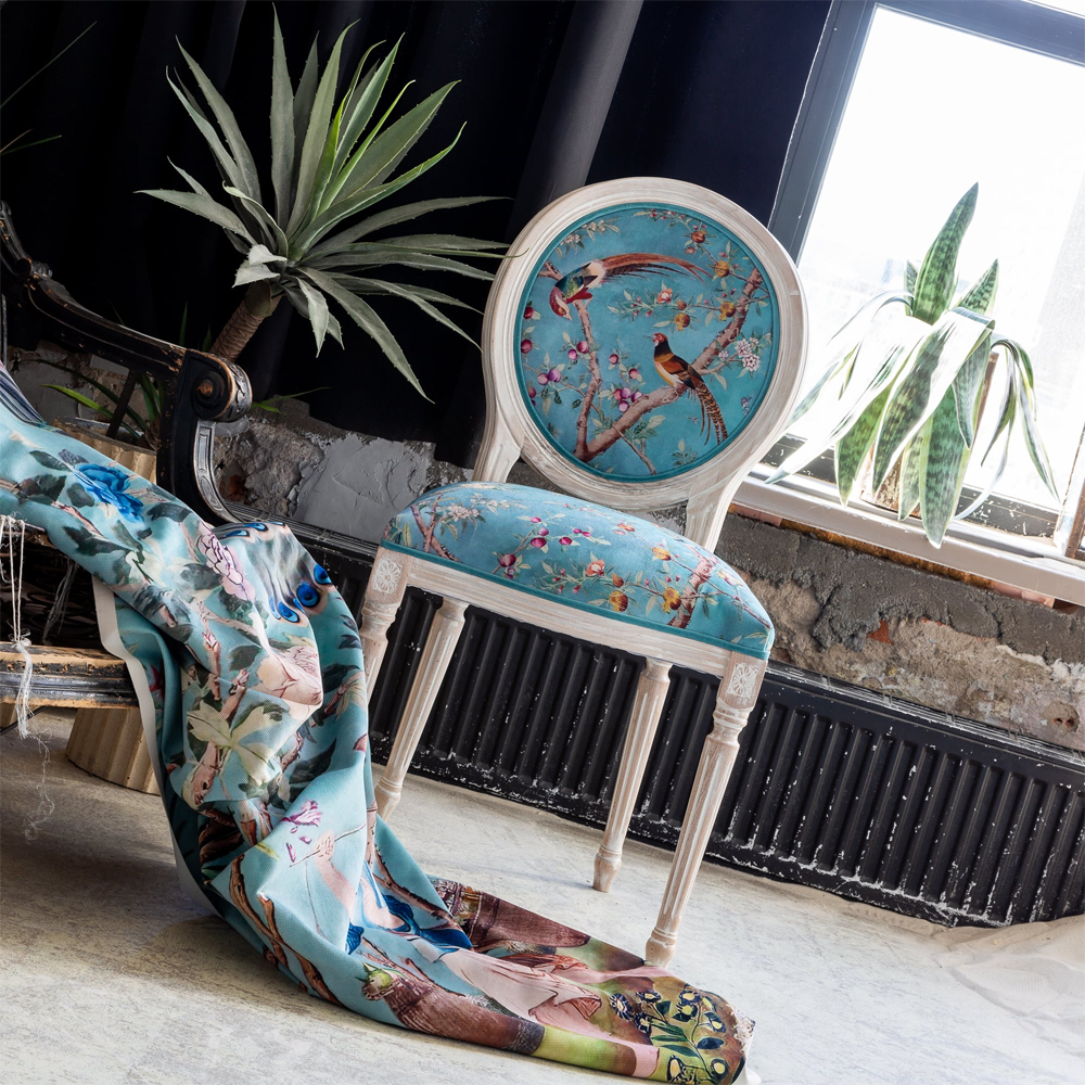Стул из массива бука бирюзовый с изображением птиц и цветов Turquoise Beige Chinoiserie Peach Garden Chair