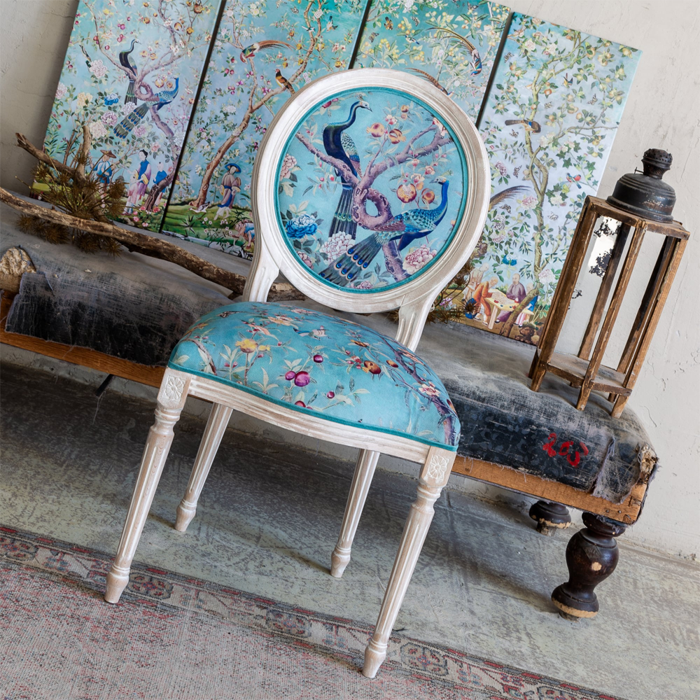Стул из массива бука с изображением птиц и цветов Turquoise Beige Chinoiserie Garden Chair