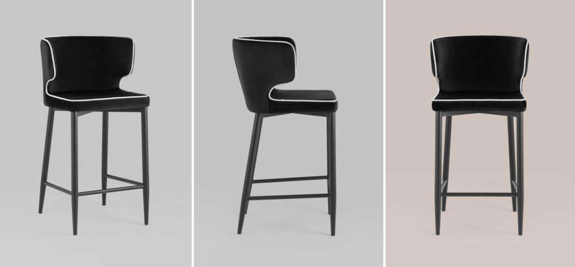 Стул Полубарный Chair посадка 65 см Черный Велюр с Белым кантом