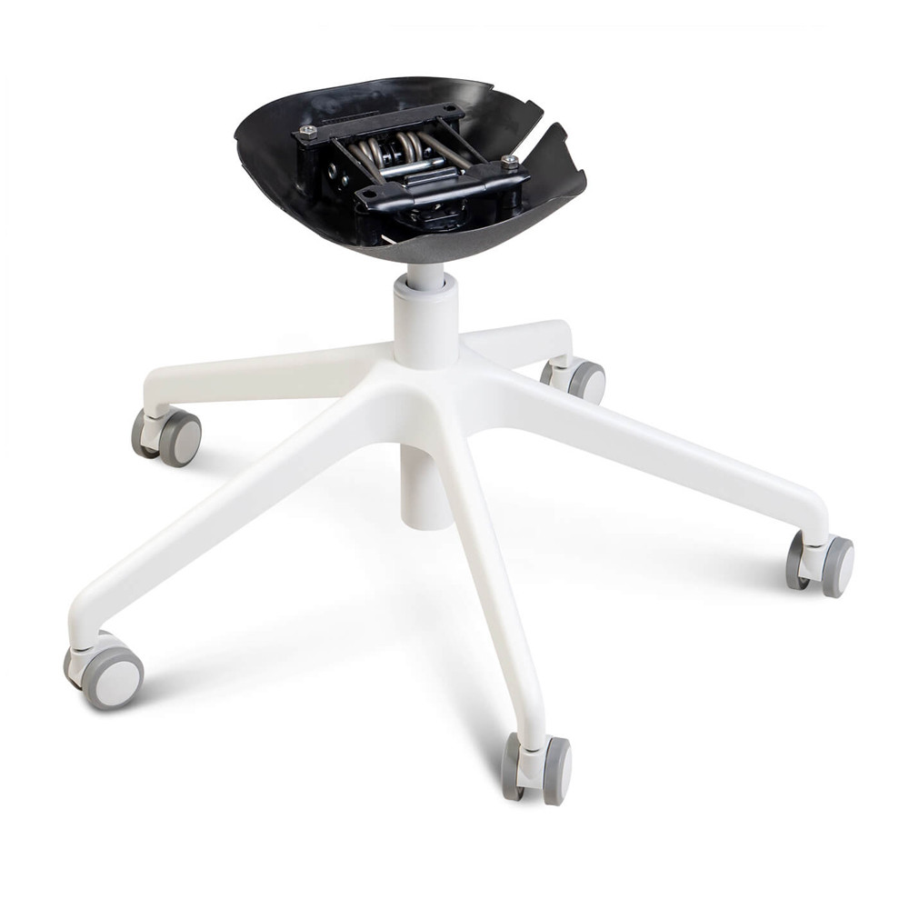 Стул с мягкой синей обивкой из велюра и подъемно-поворотным механизмом на белых колесиках Harper Blue and White