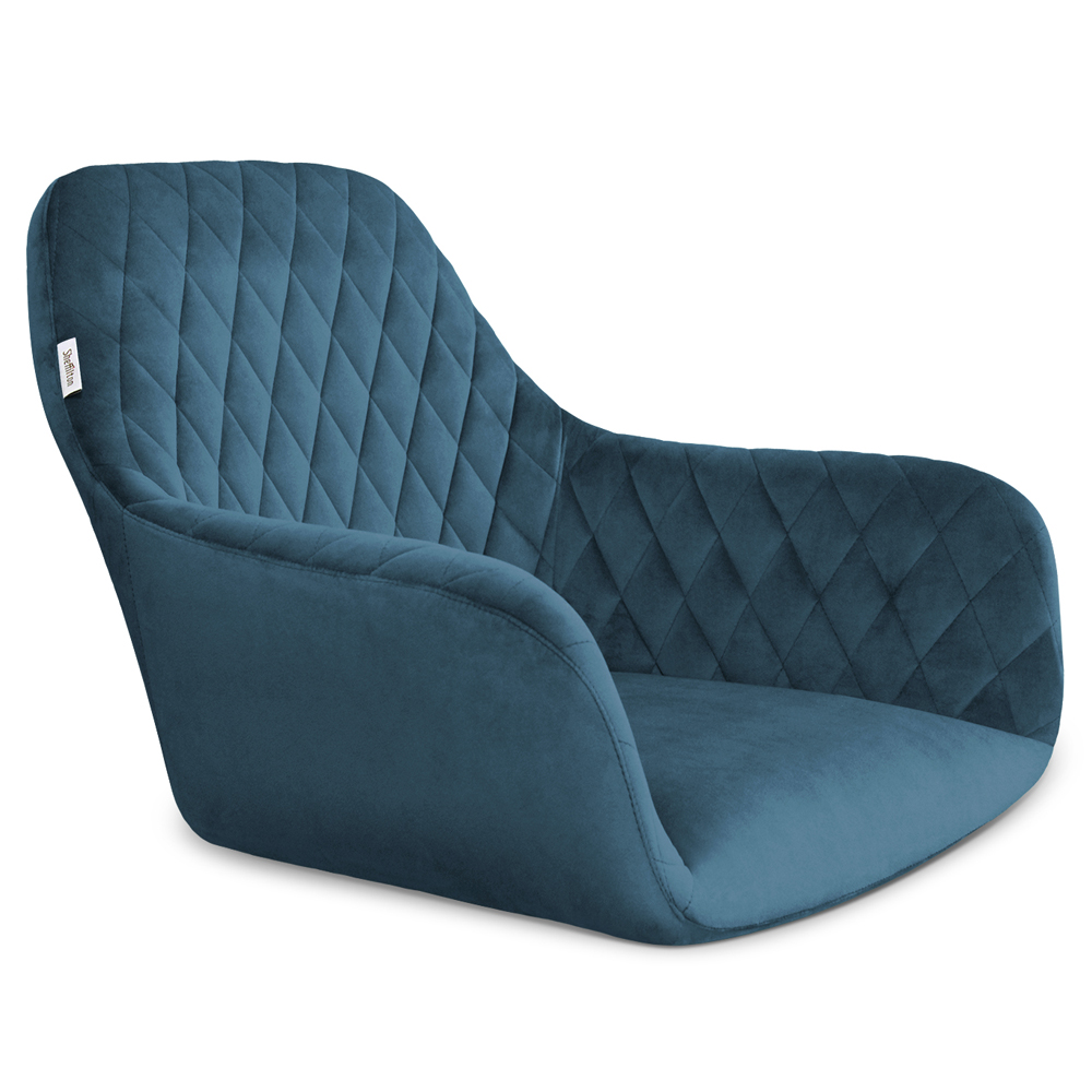 Стул с мягкой синей обивкой из велюра и подъемно-поворотным механизмом на черных колесиках Harper Blue