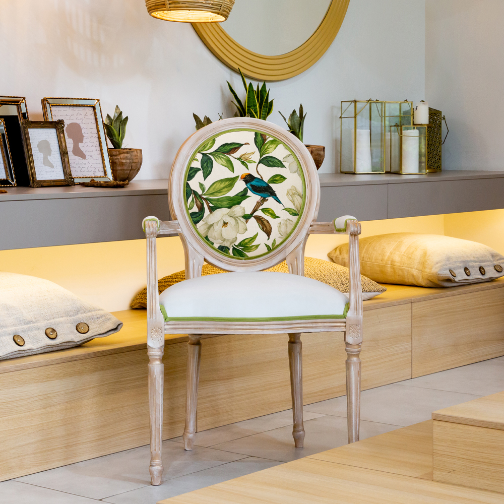 Стул с подлокотниками золотистый из бука с изображением птиц и цветов Blooming Birds