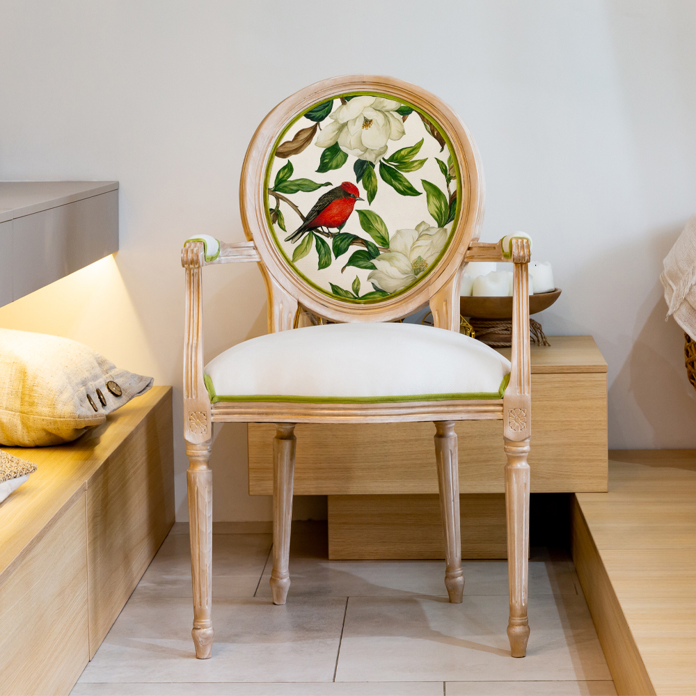 Стул с подлокотниками золотистый из бука с изображением птиц и цветов Blooming Red Birds