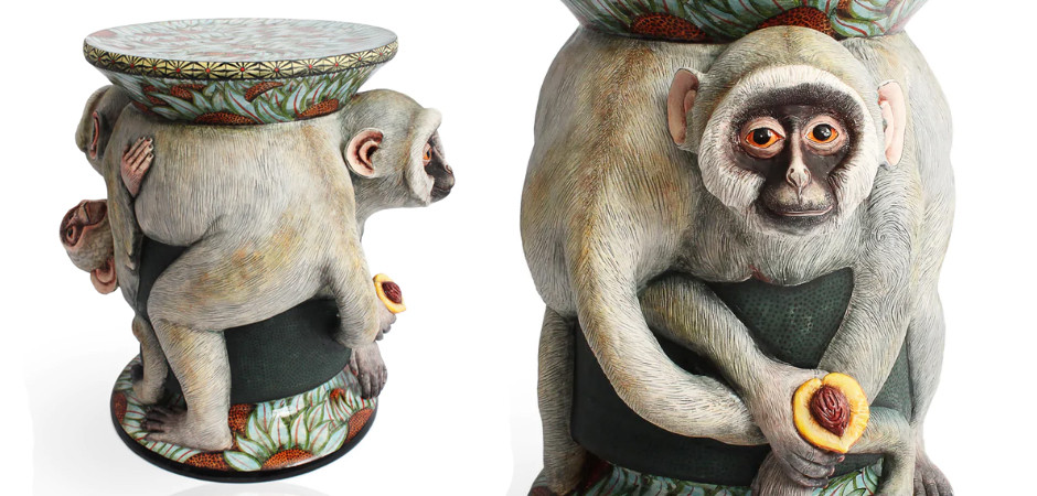 Табурет Обезьяна с фруктом ручная работа Monkey Side Table