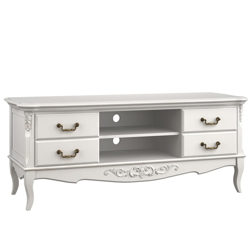 ТВ-тумба белая из массива бука с 4-мя ящиками и 2-мя полками White Provence