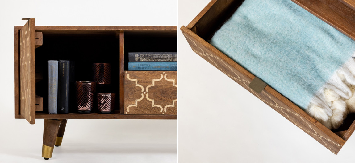 ТВ-тумба из натурального дерева Bone Inlay