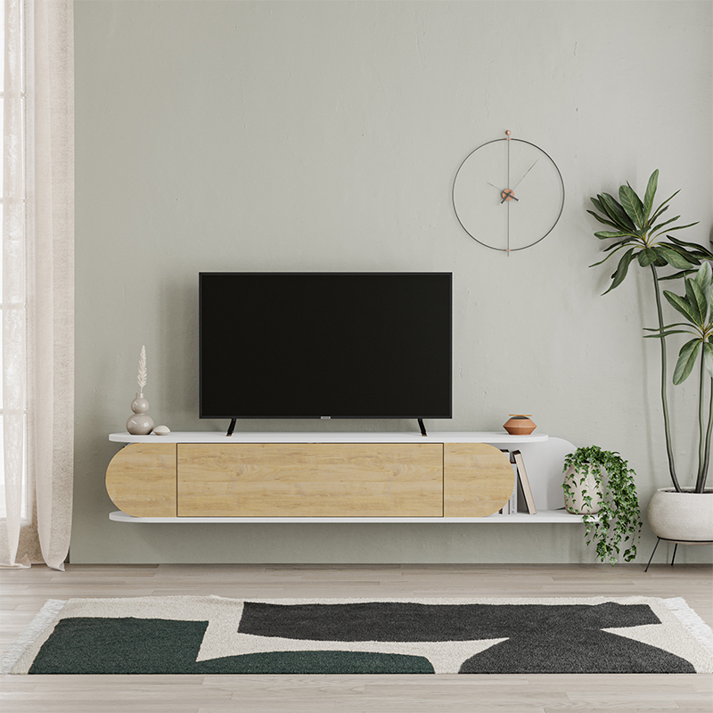 ТВ-тумба подвесная белая с полкой и откидной дверцей цвета древесины TONE TV STAND WHITE