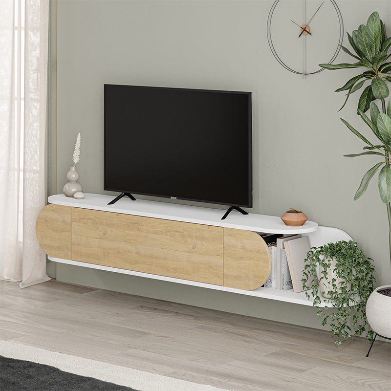 ТВ-тумба подвесная белая с полкой и откидной дверцей цвета древесины TONE TV STAND WHITE