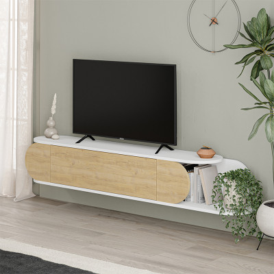 ТВ-тумба подвесная белая с полкой и откидной дверцей цвета древесины TONE TV STAND WHITE