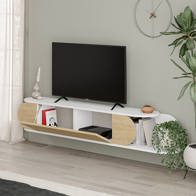 ТВ-тумба подвесная белая с полкой и откидной дверцей цвета древесины TONE TV STAND WHITE