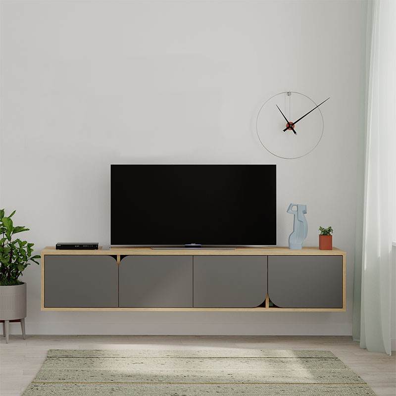 ТВ-тумба подвесная цвета древесины с 4-мя темно-серыми дверцами SPARK TV STAND OAK ANTHRACITE