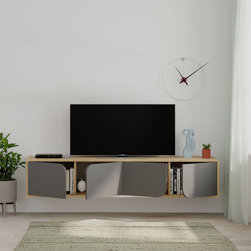 ТВ-тумба подвесная цвета древесины с 4-мя темно-серыми дверцами SPARK TV STAND OAK ANTHRACITE