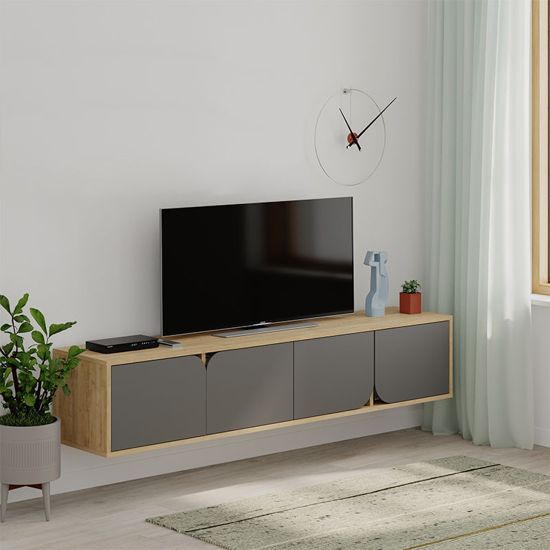 ТВ-тумба подвесная цвета древесины с 4-мя темно-серыми дверцами SPARK TV STAND OAK ANTHRACITE
