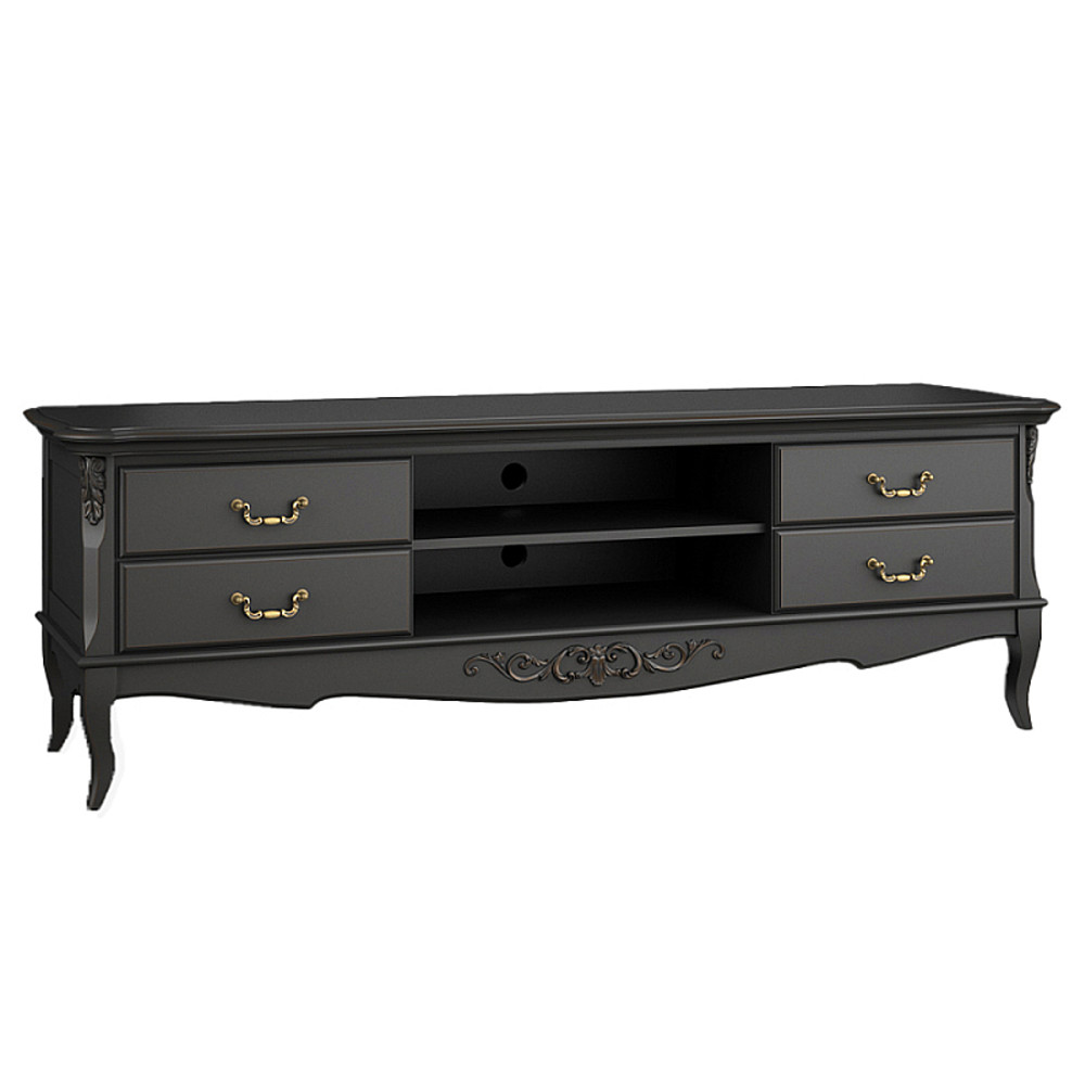 ТВ-тумба черная из массива бука с 4-мя ящиками и 2-мя полками Black Provence
