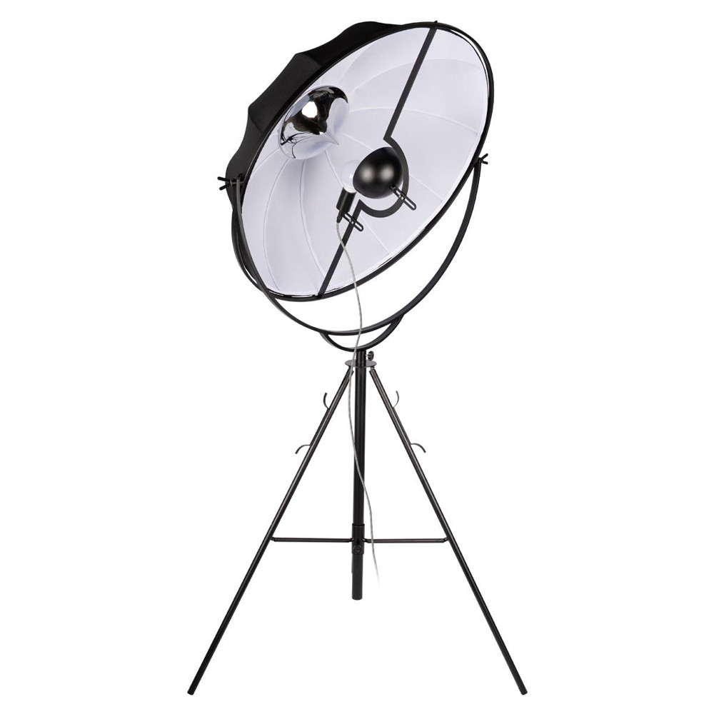 Торшер в виде прожектора с круглым тканевым абажуром на треноге черного цвета Radiance Éclat