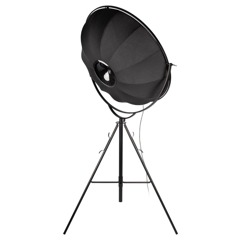 Торшер в виде прожектора с круглым тканевым абажуром на треноге черного цвета Radiance Éclat