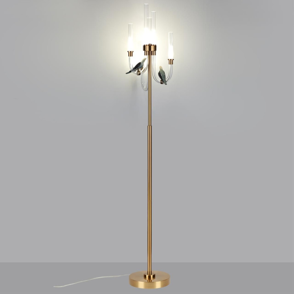 Торшер с 2-мя фигурками птиц на изогнутых прозрачных трубках Ganthea