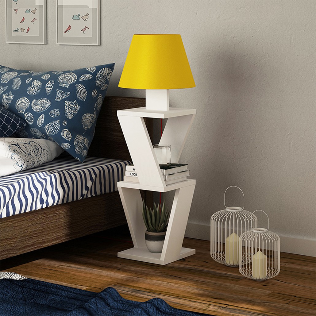 Торшер с белым каркасом с 2-мя полками и желтым тканевым абажуром KOZENA SIDE FLOOR LAMP YELLOW