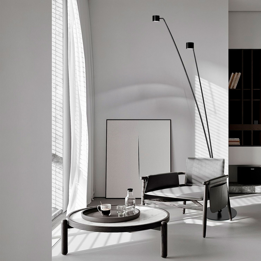 Торшер с изогнутой черной металлической стойкой и цилиндрическим плафоном Davide Groppi